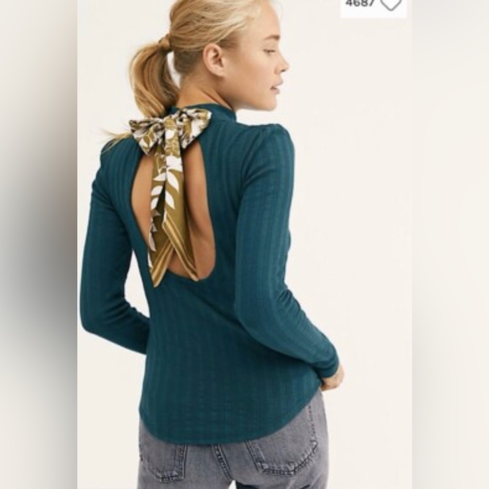 Free People Forest Green Ribbed Blouse with Bow detail